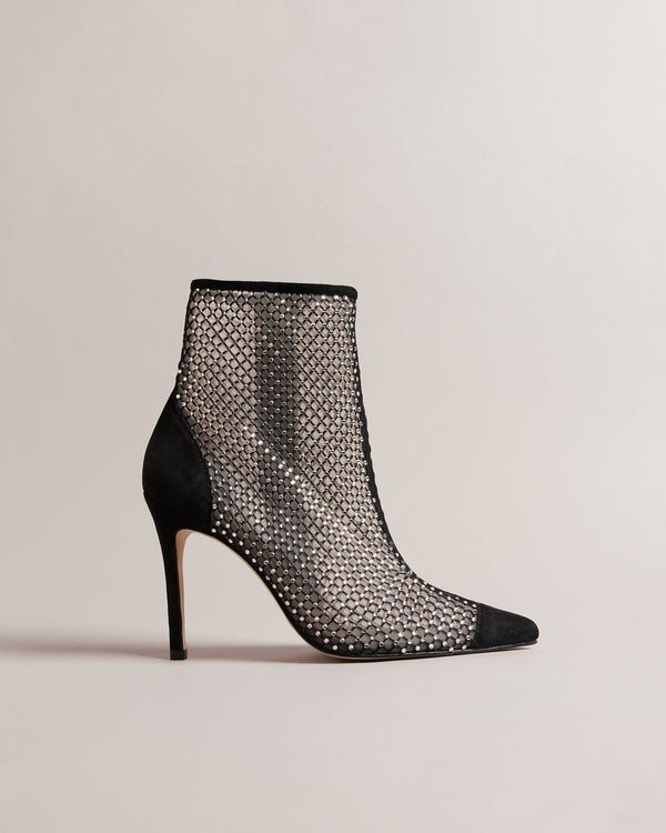 JUNAPAH-Boots-Step into the spotlight in JUNAPAH. All-over crystal mesh transforms these boots into a true statement piece. With a convenient zip fastening, these boots offer effortless wearability without compromising on style. Whether you're dressing up for a special occasion or getting ready to impress on date night, these ankle boots are the perfect combination of fashion and functionality. Ankle boots Crystal mesh Solid pointed toe Stiletto heel Zip fastening Suede leather detailing Heel height: 10.3cm